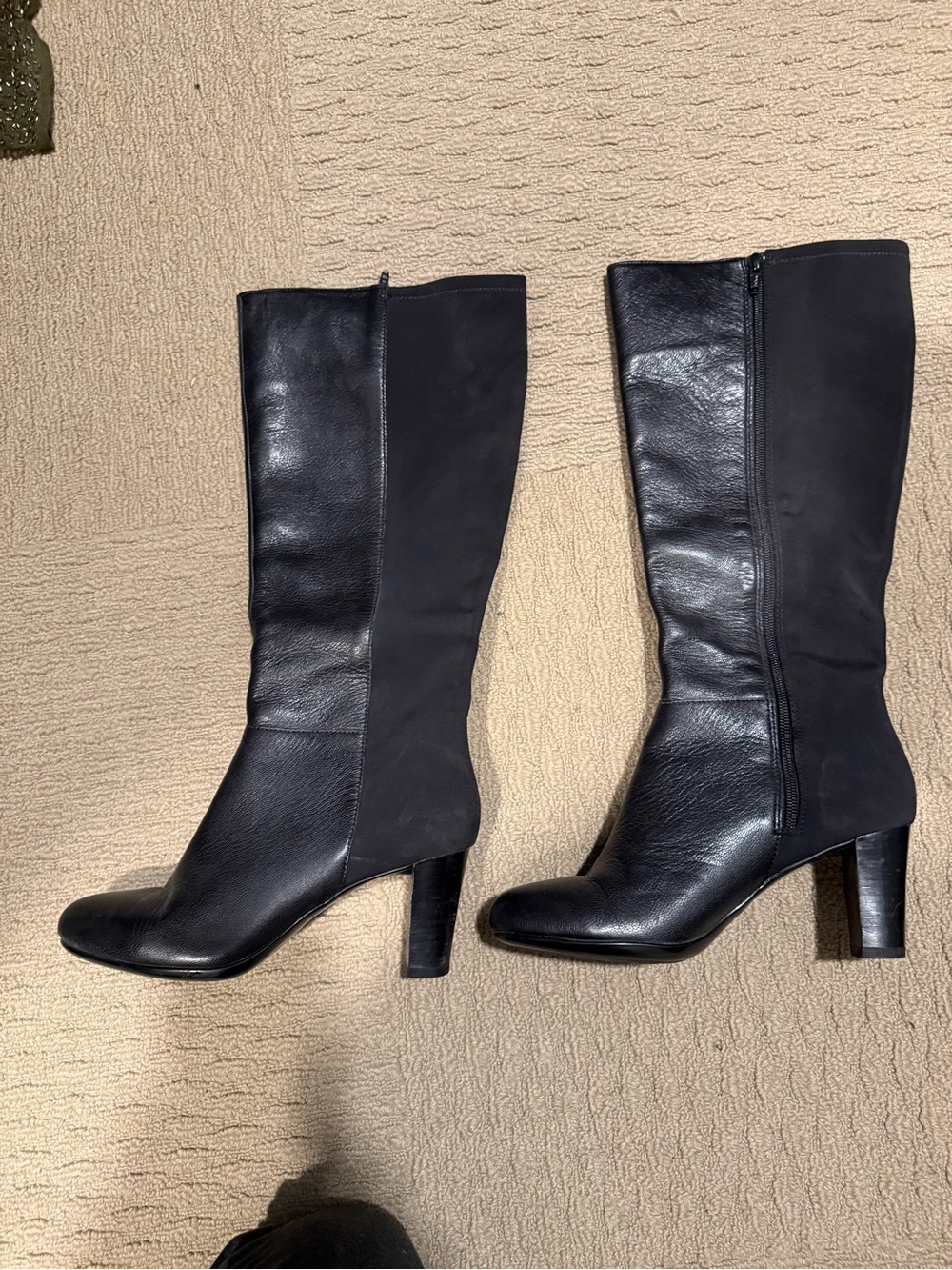 Clarks Black Leather & Stretch Knee-High Heeled Boots